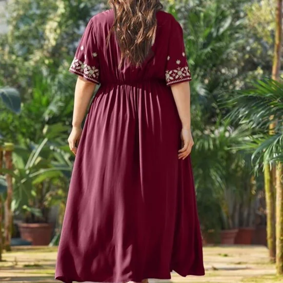 PLUS Boho Green V neck Floral Embroidered A-line Dress - Picture 6 of 13